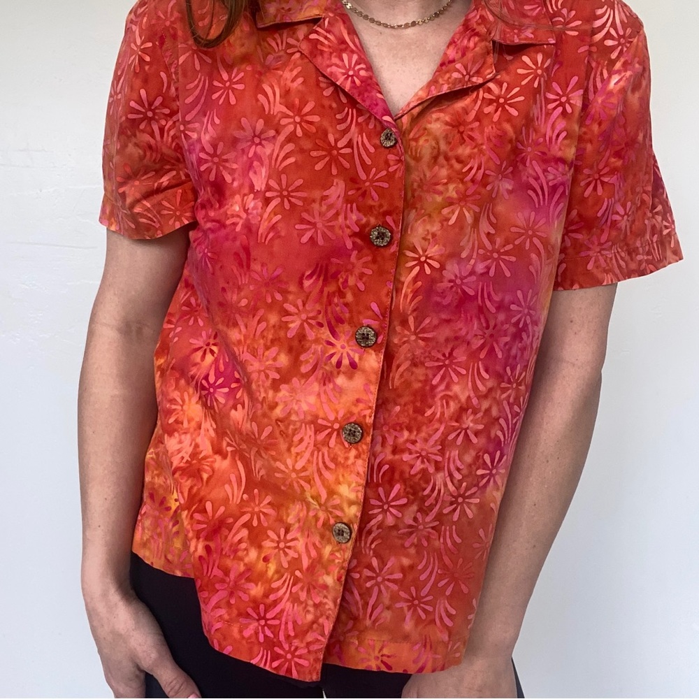 90s Vintage Caribbean Joe Colorful Women’s Button Front Short Sleeve Size Medium